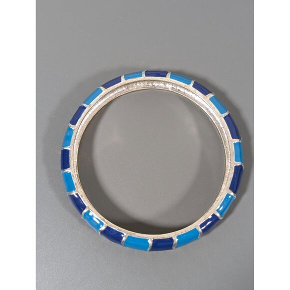 Blue Enamel Stripe Bangle Bracelet Silver Tone 8" Coastal Chic - Picture 2 of 7